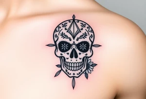 Masculine sugar skull with diamonds and daisy tattoo idea