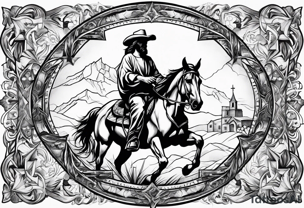 Jesus with three crosses at the bottom and a cowboy riding a horse tattoo idea