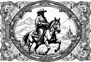 Jesus with three crosses at the bottom and a cowboy riding a horse tattoo idea