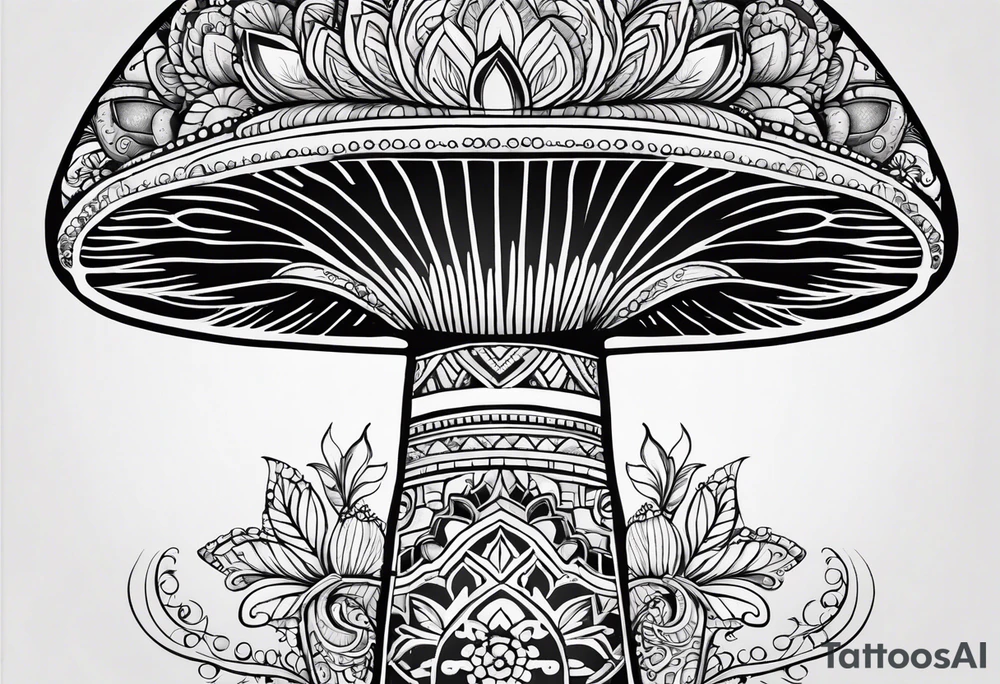 Black mushroom tattoo with henna style mandala design surrounding it tattoo idea