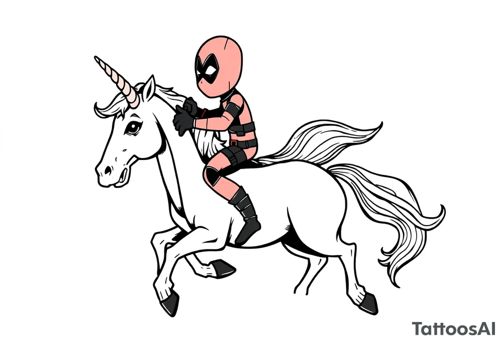 Deadpool riding cartoon unicorn tattoo idea