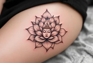 A delicate lotus flower  placed in a circle shape, with the petals soft and flowing outward. In the center, a subtle Buddha's face or a small Om symbol to represent inner peace and enlightenment. tattoo idea