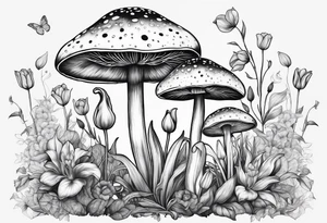 Amanita mushrooms, plants, tulips, serotonin symbol, semicolon tattoo idea