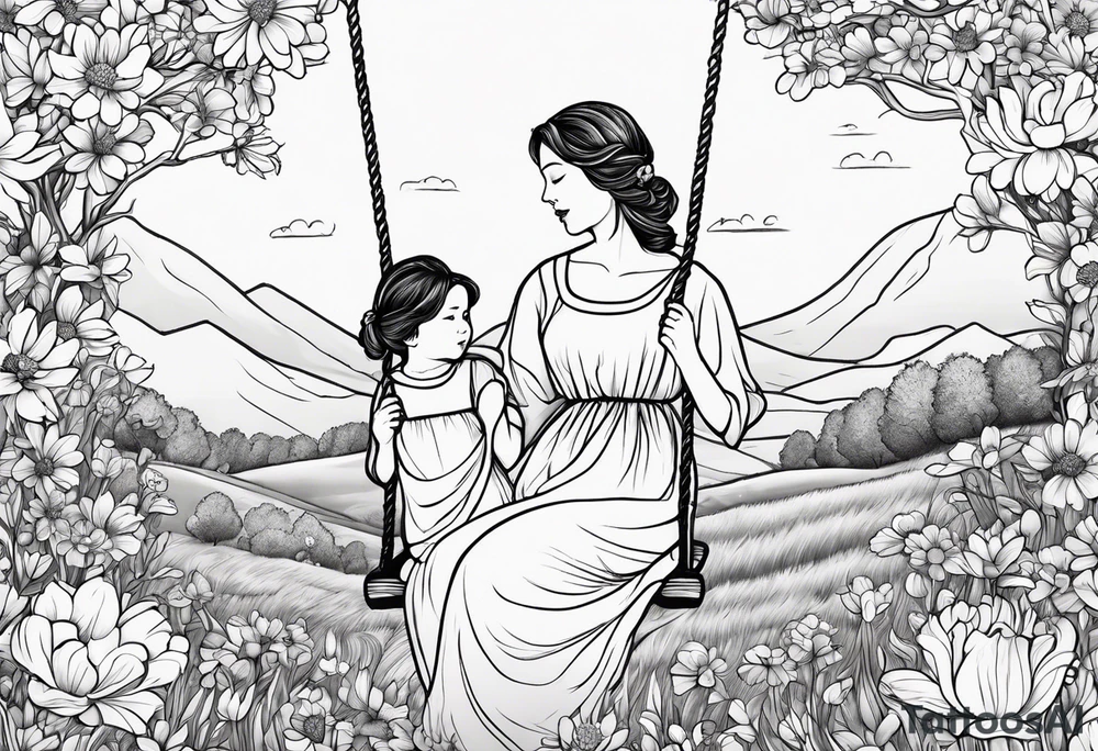 Mom with son and daughter on a swing in the distance in a field of flowers tattoo idea