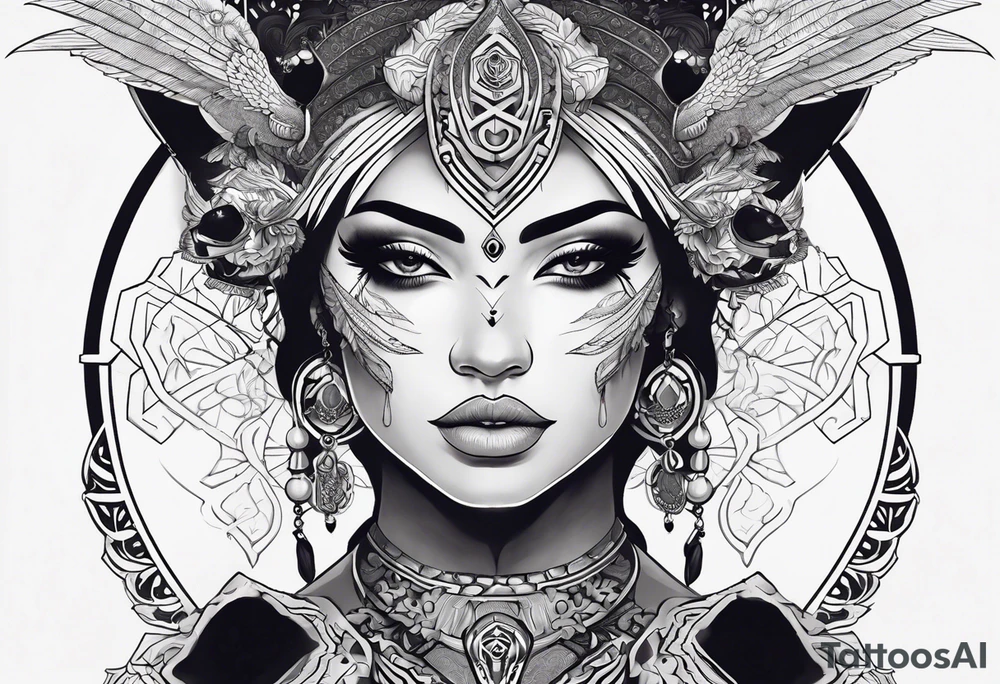 kali ma, alien goddess, valkrye, aries, pirate, divine feminine, zenza resonance, pachamama, lotus azul, blank panther, eagle, skull, 5D, nueva gaya, dna 12 tattoo idea