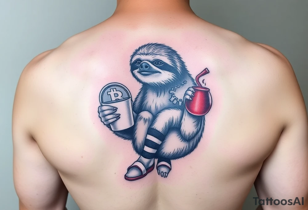 Sloth holding a bitcoin in one hand and coffee in the other hand with socks and slides on tattoo idea