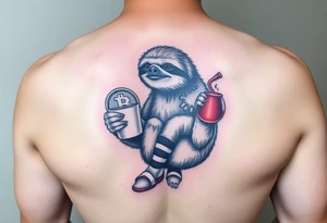 Sloth holding a bitcoin in one hand and coffee in the other hand with socks and slides on tattoo idea