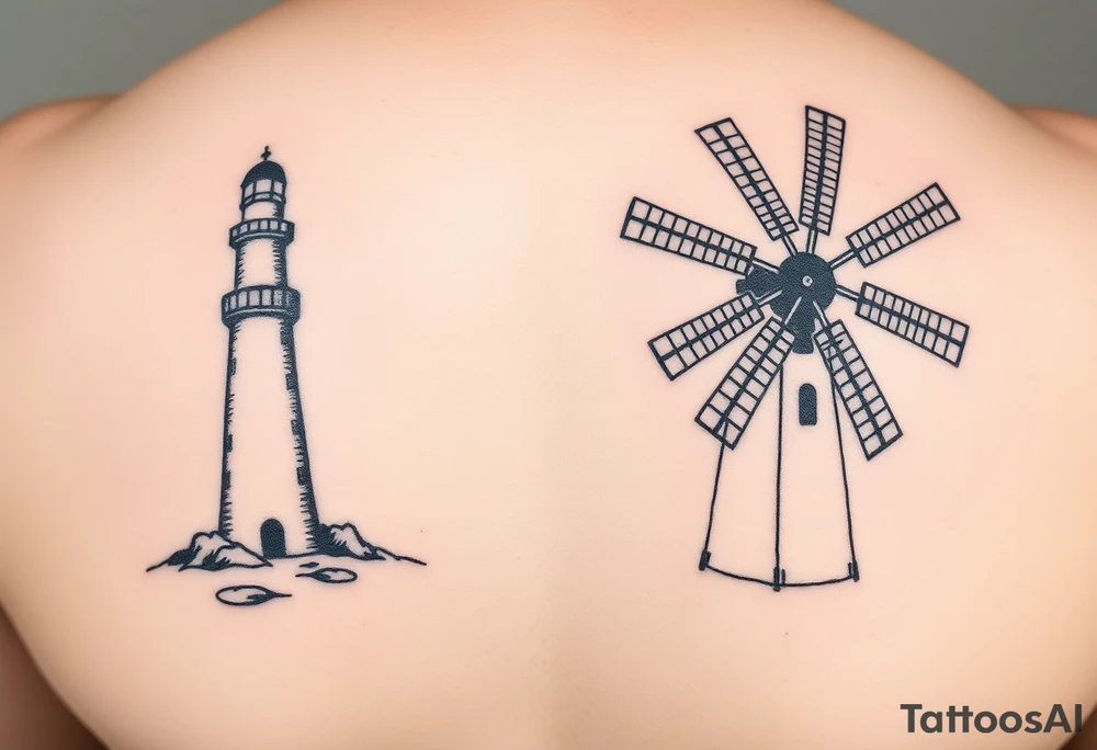 Left side of lighthouse and right side of farm windmill. Simple lines minimalist slightly offset tattoo idea