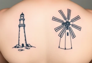 Left side of lighthouse and right side of farm windmill. Simple lines minimalist slightly offset tattoo idea