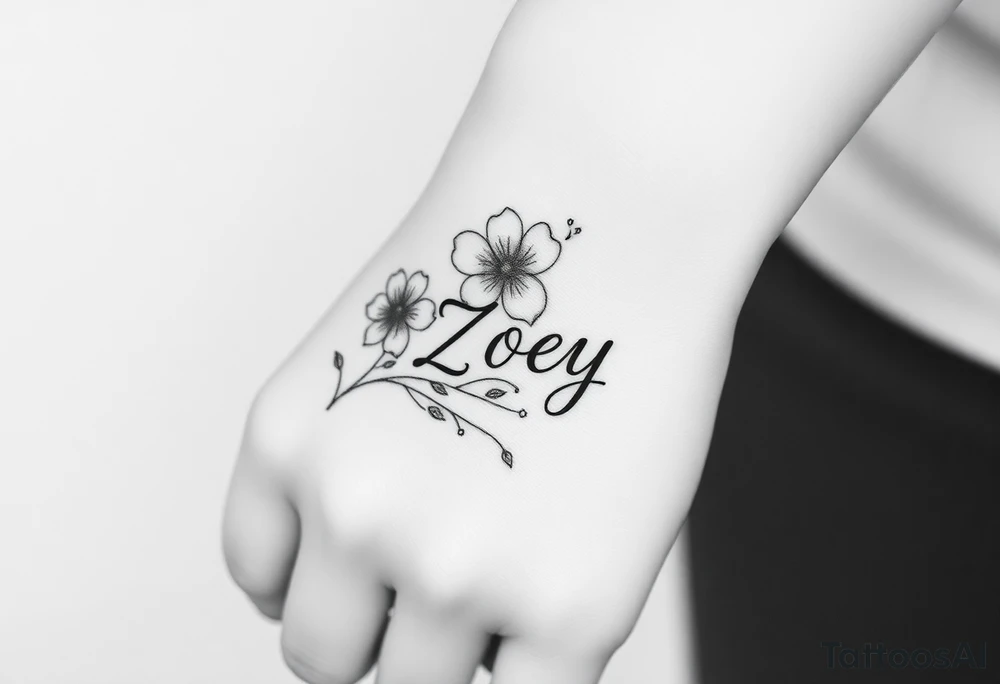 I want it on my wrist. I want a beautiful flower on the inside of my wrist with tendrils down the inside of my arm with little delicate stars or motes and the name Zoey

Why are you showing it on a back? I want it on the inside of my wrist

I want it to be a little smaller. I want the lines to be super fine. I want more organic delicate tendrils. The name Zoey should be about 3" up on the inside of my arm 

I just want the tendrils to look more natural and flowy and graceful.
I do not want stars in it anymore. 
Please show it on the inside of the wrist with the blossom just below the palm and the tendrils curling up the inside of the arm. I want a little more tendrils with some little sparkles very delicate leading to the name
More options. Make it super delicate and graceful. The tendrils can have tiny delicate leaves 

It needs to be on the underside of the wrist on the inside flowing up the arm
More tendrils and more sparkles
More options please tattoo idea