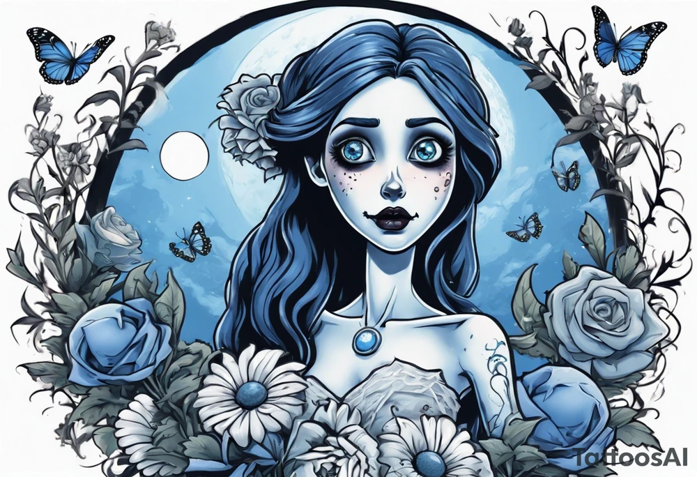 corpse bride Emily holding a bouquet of flowers. one white daisy in the bouquet. one blue butterfly. A full moon on the background. full grown tattoo idea