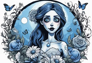 corpse bride Emily holding a bouquet of flowers. one white daisy in the bouquet. one blue butterfly. A full moon on the background. full grown tattoo idea