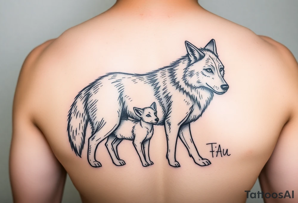 A solitary yet sublime and noble wolf and its progeny. tattoo idea