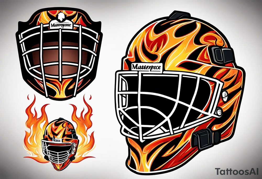 a puck hitting a goalie mask with crossed hockey sticks and flames that says "SHOT HOCKEY" tattoo idea