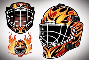 a puck hitting a goalie mask with crossed hockey sticks and flames that says "SHOT HOCKEY" tattoo idea