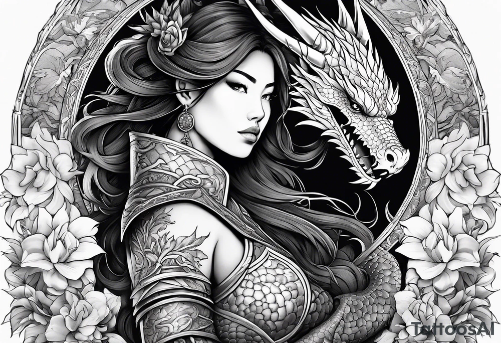 beautiful warrior woman wearing dragon armor and a floral background and a dragon a full picture tattoo idea