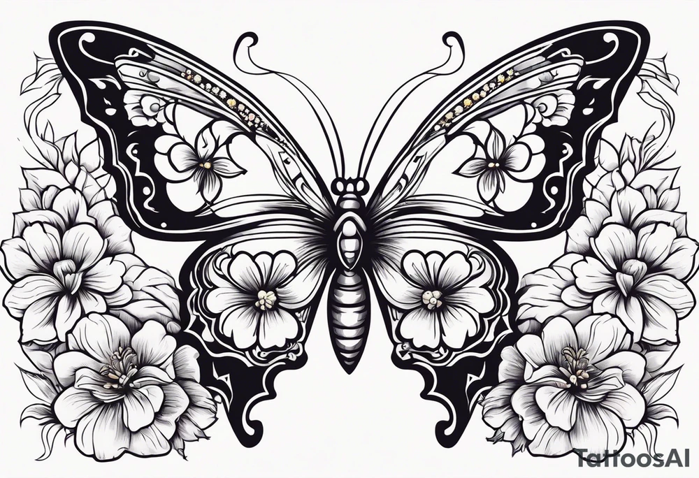 butterfly 
with flowers around it vintage old school traditional tattoo idea