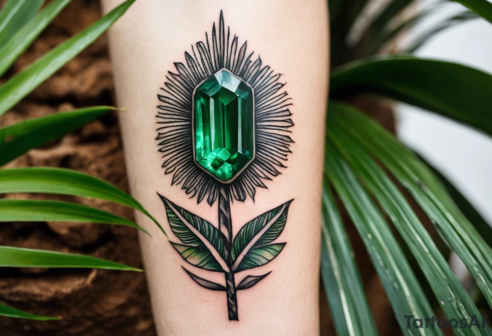 Tattoo: A striking Gachala emerald sits at the base of a tall quindio wax palm, which grows resiliently from cracks in rugged, rocky soil. The emerald is the main focal point, symbolizing strength and endurance, while the wax palm, rooted in the soil’s crevices, represents growth and resilience. A small water stream flows gently from the rocks, adding an element of life and nourishment. Style: Semi-Realism. tattoo idea