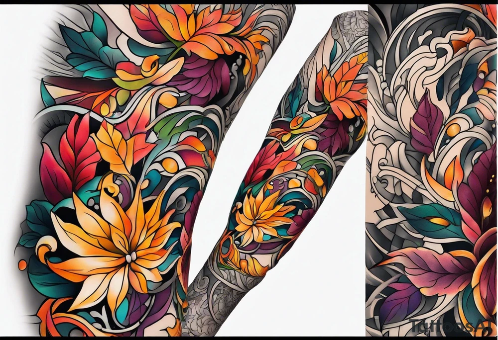 Arm Sleeve Tattoo with fall colors flat tattoo idea