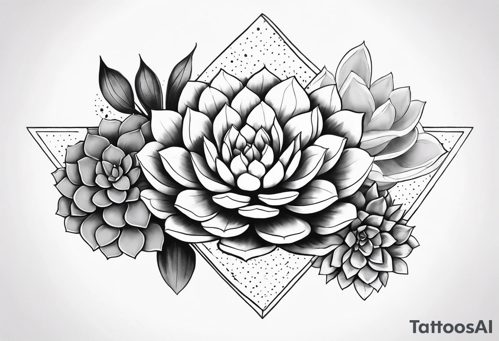 fine line. one big succulent in the middle. Two smaller succulents on the side. Dots and floral
. Sternum tattoo grey scale shading tattoo idea