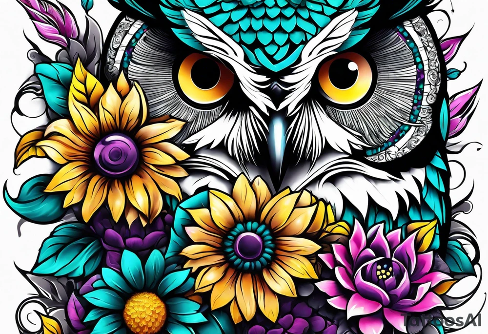 Leg Sleeve with teal, pink and purple owl and yellow sunflowers tattoo idea