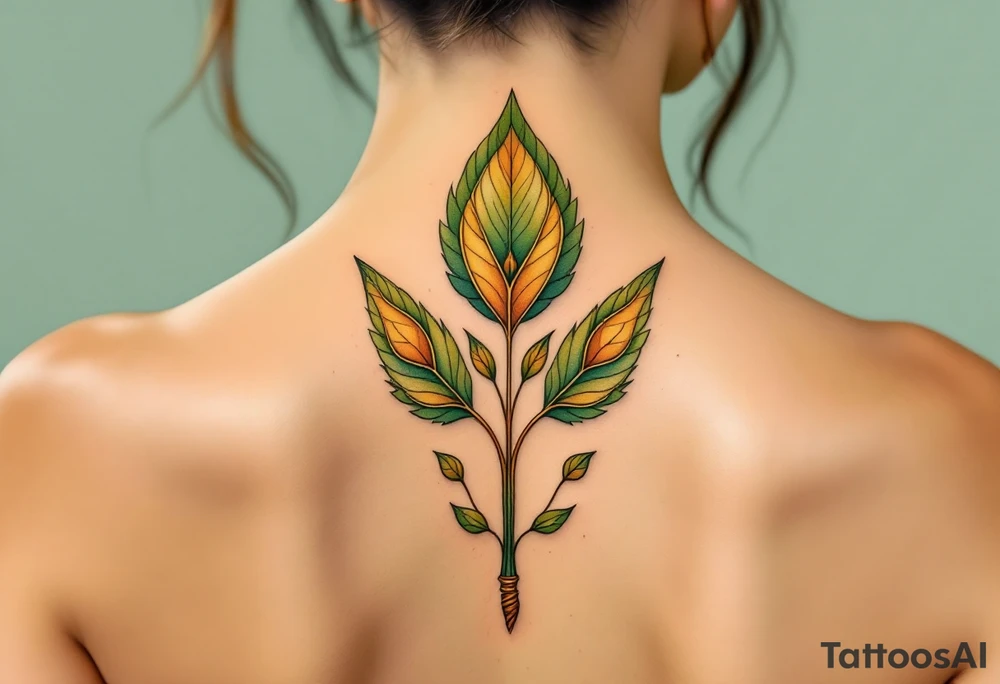 Bodhi leaf in earthy green and warm brown, symbolizing enlightenment under the Bodhi tree. tattoo idea