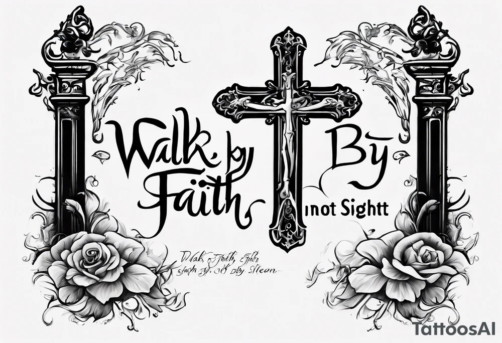 envision a horizontal placement of the quote “walk by faith, not by sight” with an elegant script font. Integrate a subtle stairwell leading to a delicate cross near the gates of heaven. This design captures the essence of the journey guided by faith. tattoo idea