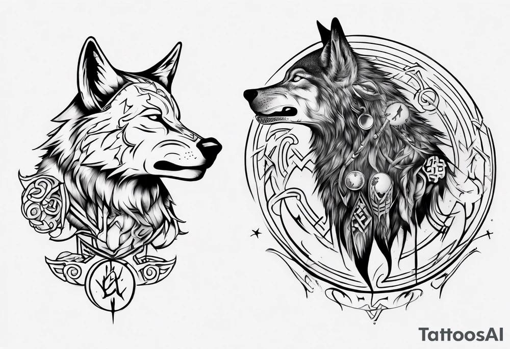 Wolf  howling with Norse symbols, a bit of Māori tattooing and my nanas name joy in it tattoo idea