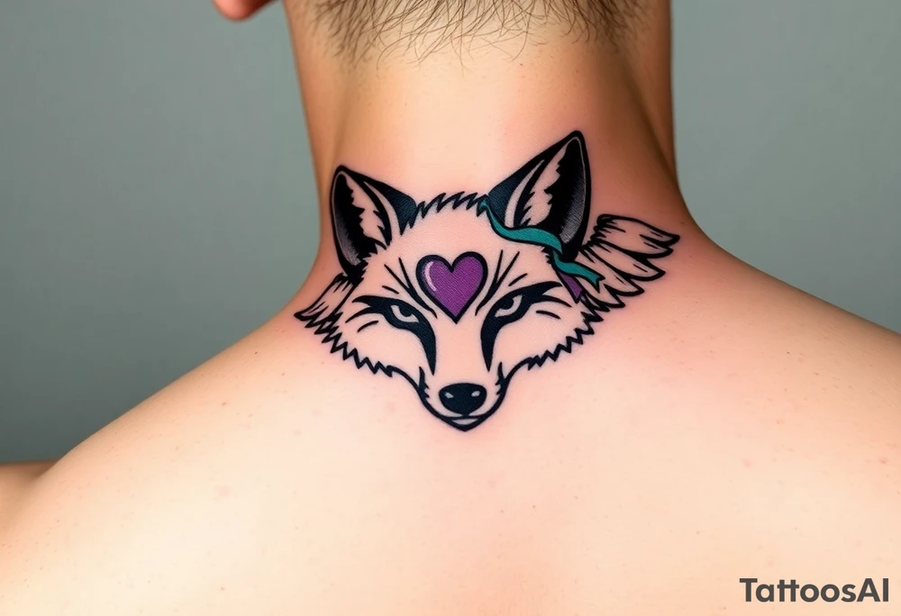 Fox racing head logo wrapped in angel wings and as one of the fox symbols ears put a thumbprint heart with a teal and purple ribbon also around the white tattoo put a lime green glow tattoo idea