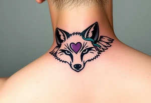 Fox racing head logo wrapped in angel wings and as one of the fox symbols ears put a thumbprint heart with a teal and purple ribbon also around the white tattoo put a lime green glow tattoo idea