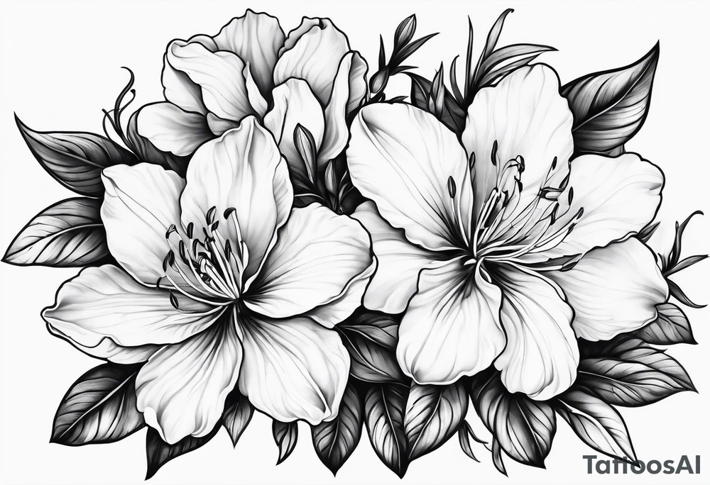Azaleas with 5 petals, buds, leaves; curved design tattoo idea