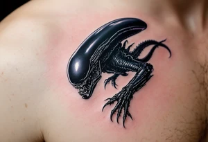 A realistic Xenomorph in mid-pounce, its glossy black body and sharp claws contrasted with subtle, deep purple highlights under the moonlight. tattoo idea