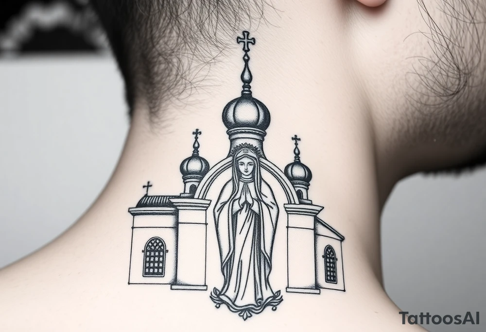 Russian orthodox church with bulb domes with a prominent russian orthodox style virgin mary stood outside with hands together tattoo idea