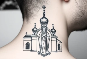 Russian orthodox church with bulb domes with a prominent russian orthodox style virgin mary stood outside with hands together tattoo idea