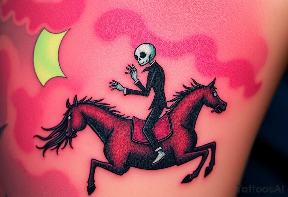 Tim Burton’s headless horseman is riding in the night he holds his head in hand as his horse bucks upwards and dripping with muted reds, dusty pinks, and eerie green glow.purple and cyan smokey clouds swirl in the crescent moonlit sky thats sprinkled with stars tattoo idea tattoo idea