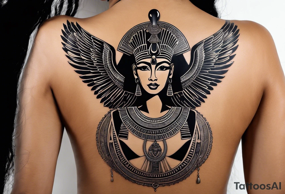 black and white Egyptian goddess Isis, who is often depicted as a woman with outstretched wings, holding an ankh (a symbol of life) in one hand and a lotus flower in the other. Her headdress often includes a throne or a solar disk. The tattoo design can vary in style and size, but it typically aims to capture the essence of this revered Egyptian deity, emphasizing her beauty, power, and maternal qualities. The choice of colors and additional elements can also be customized to create a unique and visually striking representation of the goddess Isis tattoo idea