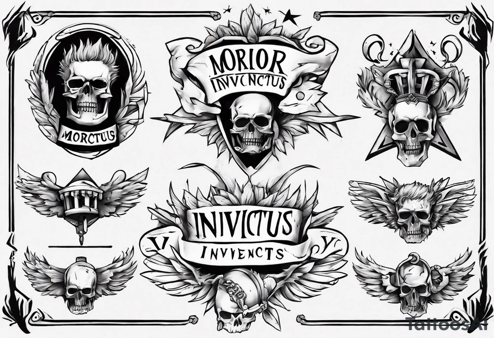 roman font saying "morior invictus" roman style tattoo idea