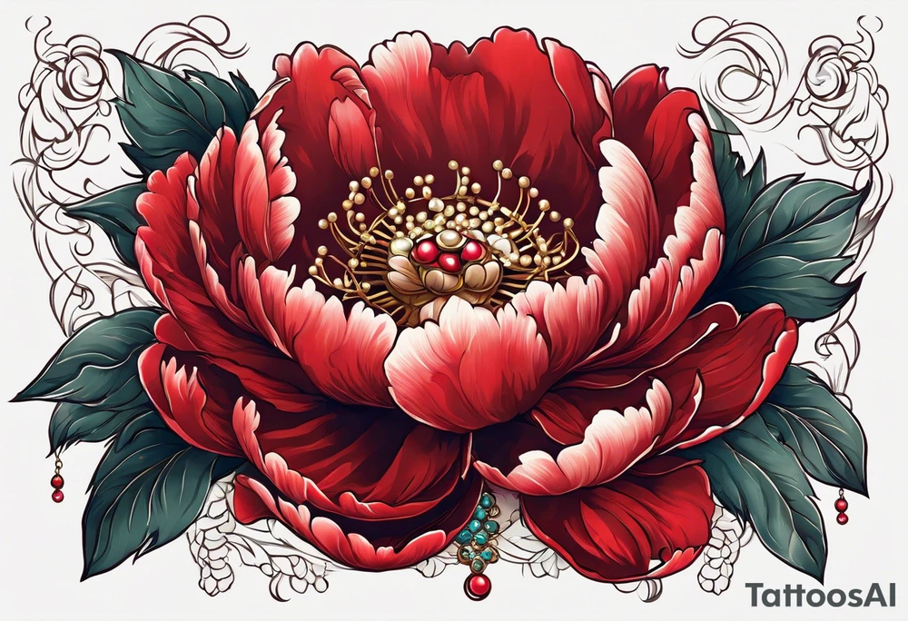 Red peony with dangling pearl necklace with rabbit on top tattoo idea
