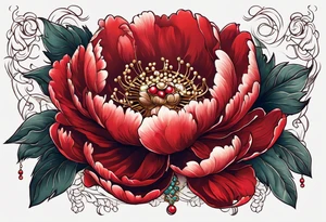 Red peony with dangling pearl necklace with rabbit on top tattoo idea
