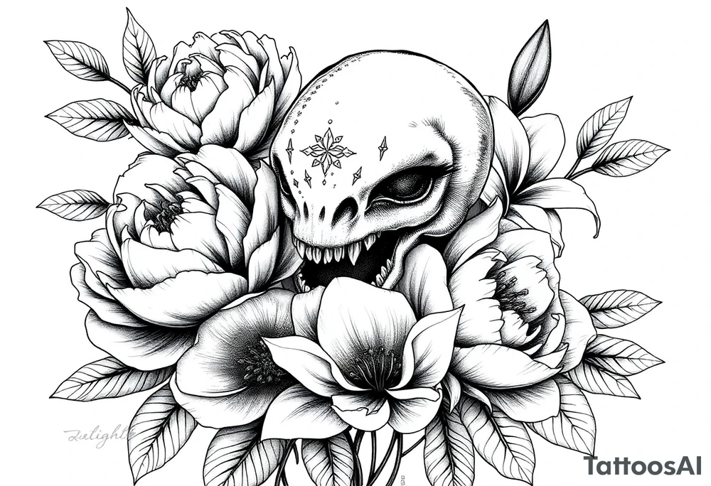 peonies and lilies with medusa head tattoo idea