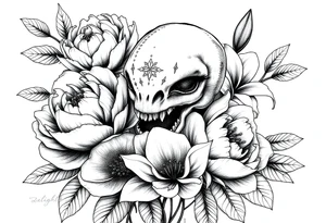 peonies and lilies with medusa head tattoo idea