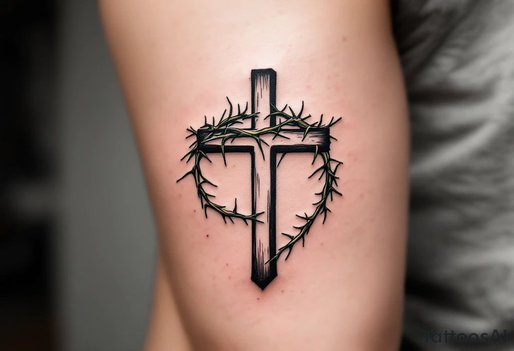 Crown of Thorns – A delicate brown and green crown of thorns, wrapped around a symbolic cross, with subtle shading giving it depth and texture. tattoo idea
