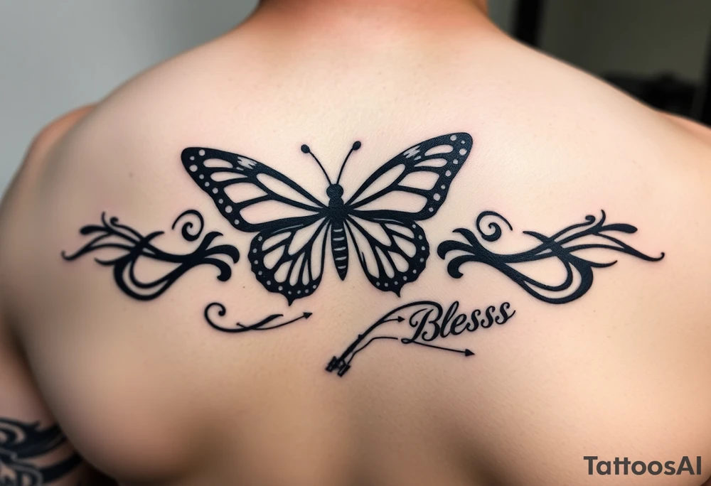 The words No Rush with a monarch butterfly in the same tatto with the words God Bless with a fishing pole. Tattoo is masculine for the upper arm. More artistic tattoo idea