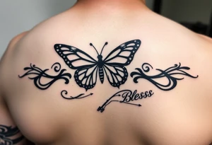 The words No Rush with a monarch butterfly in the same tatto with the words God Bless with a fishing pole. Tattoo is masculine for the upper arm. More artistic tattoo idea