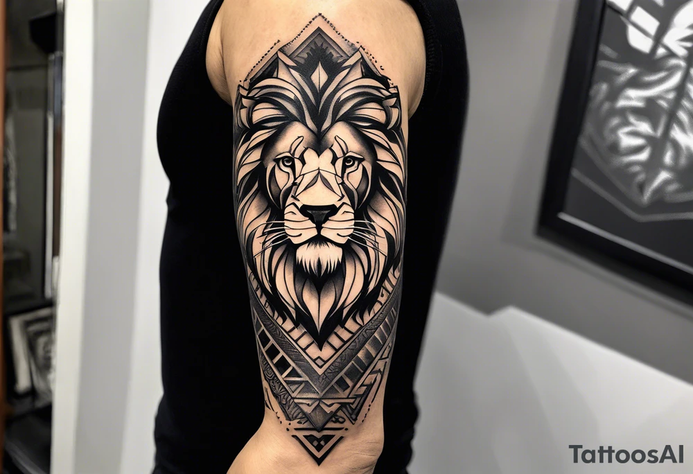 A full tattoo sleeve designed with a strong, masculine aesthetic, featuring a powerful lion as the centerpiece. The lion, symbolizing strength, courage, and leadership, is depicted with intricate detail and dynamic shading, capturing its fierce expression and majestic mane. Surrounding the lion, incorporate geometric patterns that add structure and contrast to the design. These patterns are bold and angular, creating a sense of order and symmetry that complements the natural form of the lion. The geometric elements are woven around the lion, emphasizing its central position while providing a modern, edgy backdrop. The shading throughout the sleeve is deep and dramatic, enhancing the contrast between the organic features of the lion and the precise lines of the geometric patterns. The overall design is bold, intense, and visually striking, combining the raw power of the lion with the clean, ordered aesthetic of geometric patterns for a cohesive and masculine tattoo sleeve. tattoo idea