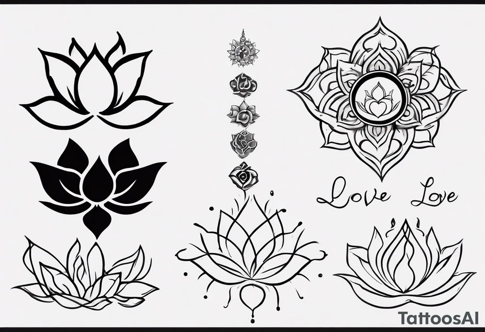 Unalome symbol incorporating sanskrit breathe symbol and a lotus flower and the word LOVE tattoo idea