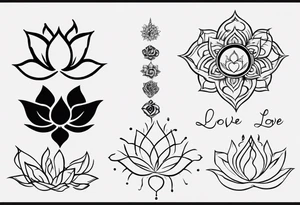 Unalome symbol incorporating sanskrit breathe symbol and a lotus flower and the word LOVE tattoo idea