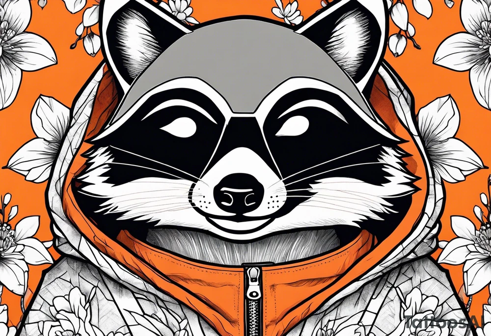 raccoon wearing a black and white Superman hoodie and orange Japanese cherry blossoms tattoo idea