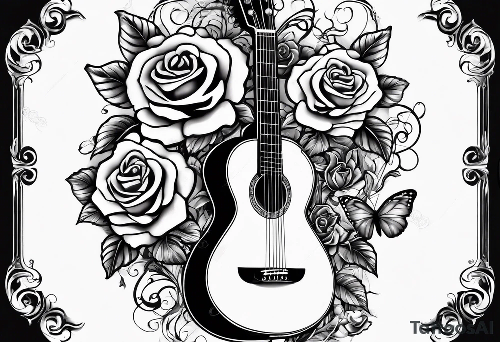 Acoustic guitar treble clef, roses, butterflies on the side tattoo idea