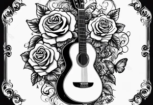 Acoustic guitar treble clef, roses, butterflies on the side tattoo idea